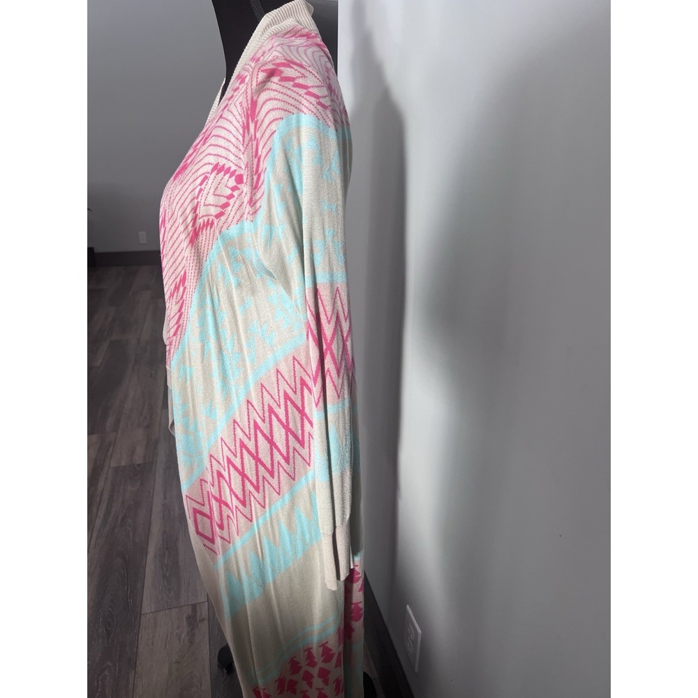 Myan Womens L Long Boho Open Front Cardigan Duster Sweater Pastel Tribal Aztec - Picture 5 of 9